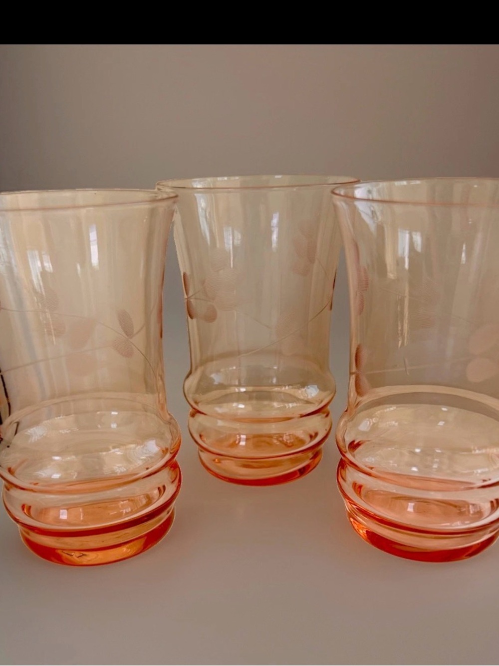 Vintage 1930s Dunbar Glass Pink Juice Tumbler w/ Etched Floral Set Of 3